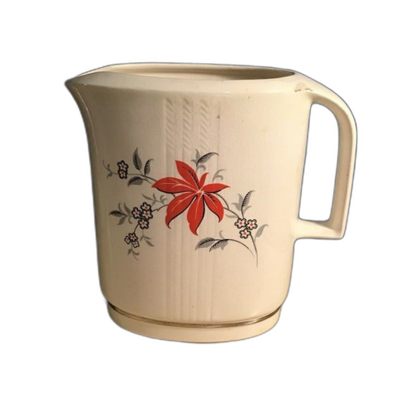 Vintage Modern Age Creamer Hand Painted Red Flowers With Yellow Gray Leaves - Picture 3 of 7